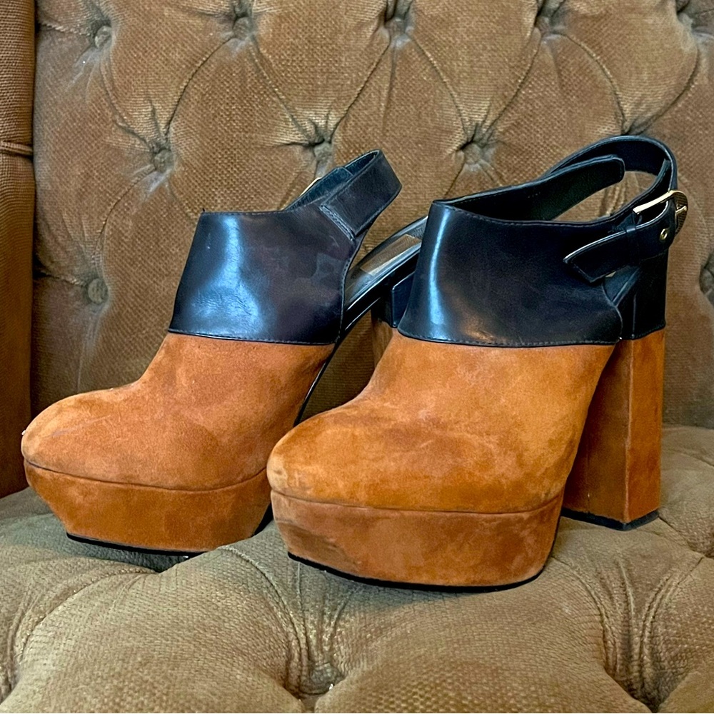 DOLCE VITA Joanna Brown Suede Black High Heeled Platform Clogs Womens Sz 9